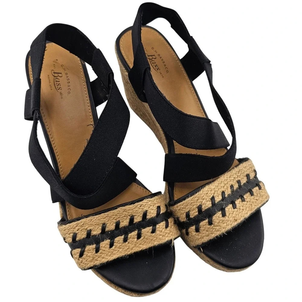 G.H. Bass & Co. Rylee Wedge Sandals Espadrille Platform Criss Cross Black Straps
